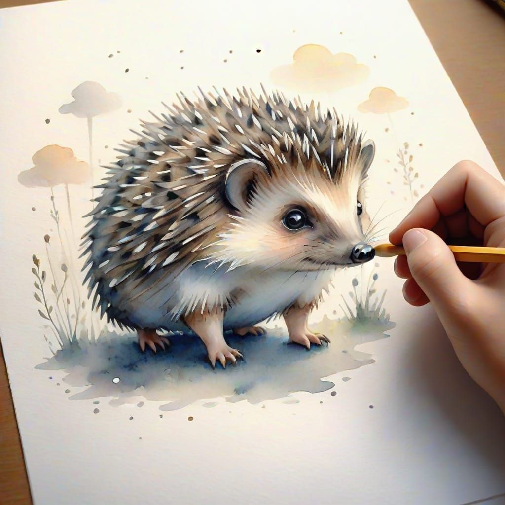 Dreamy Hedgehog Sketch in Foggy, Nostalgic Watercolor Style
