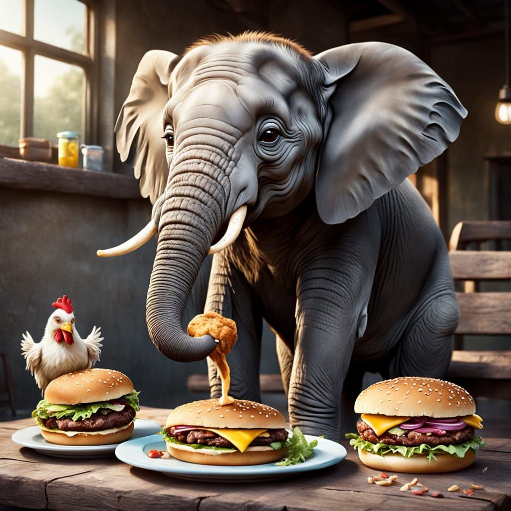 Cute Elephant and Chicken Enjoying Hamburgers