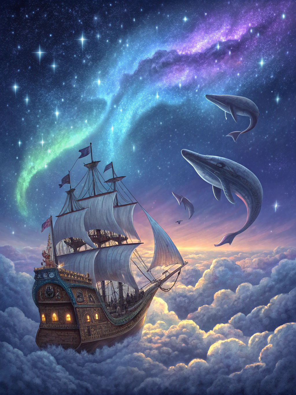 Flying Pirate Ship Amidst Aurora Borealis
