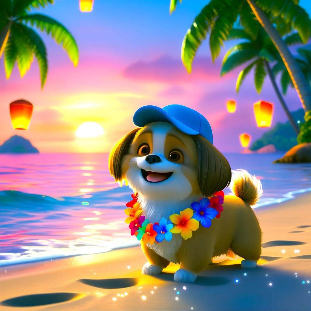 Pixar Style Shih Tzu Enjoys Tropical Beach Sunset