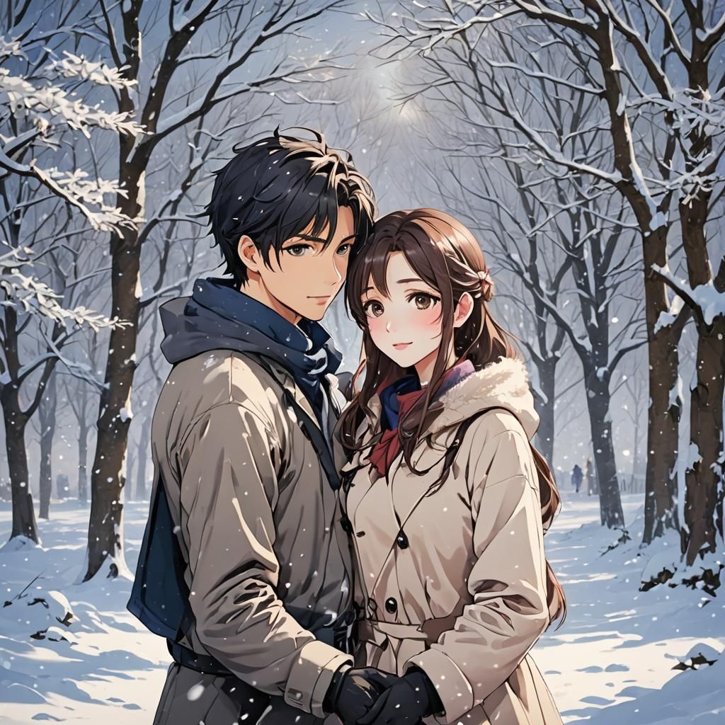 Anime Style Romance in Winter Landscape