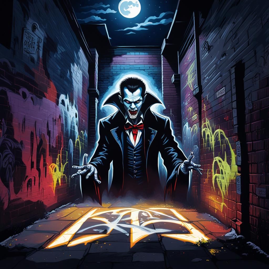Vampire in Moonlight: Graffiti Art in Urban Alleyway