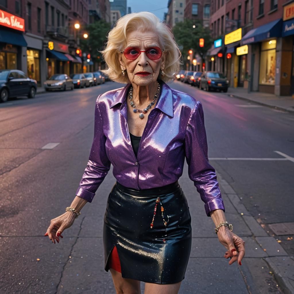 Hyperrealistic Transvestite in Dimly Lit City Street