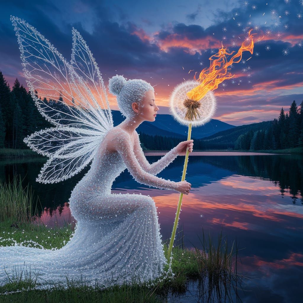 Crystal Fairy with Fiery Dandelion Near Lake