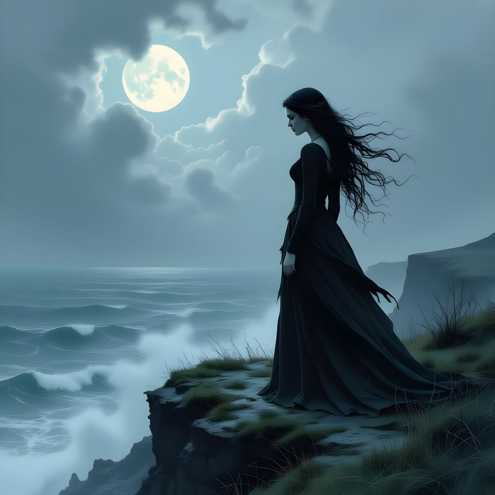 Melancholic Princess on Stormy Cliff - Gothic Illustration