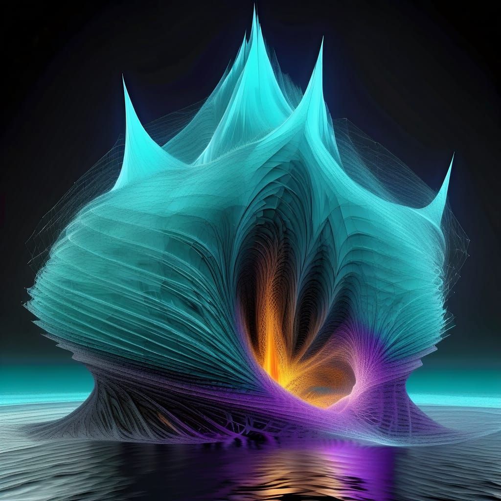 Surreal Crystalline Spire in Chaotic Sea, Mathematical Art
