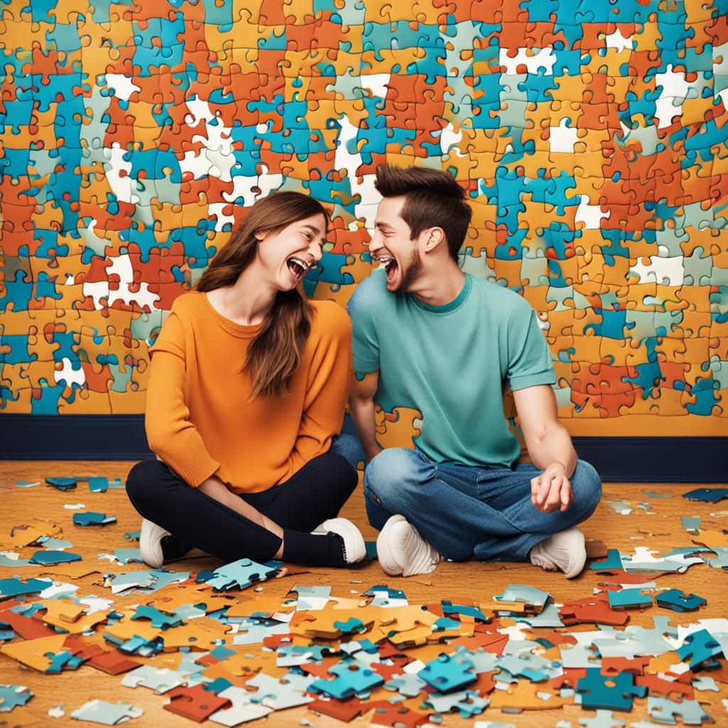 Playful Couple's Puzzle Mishap: A Humorous Scene