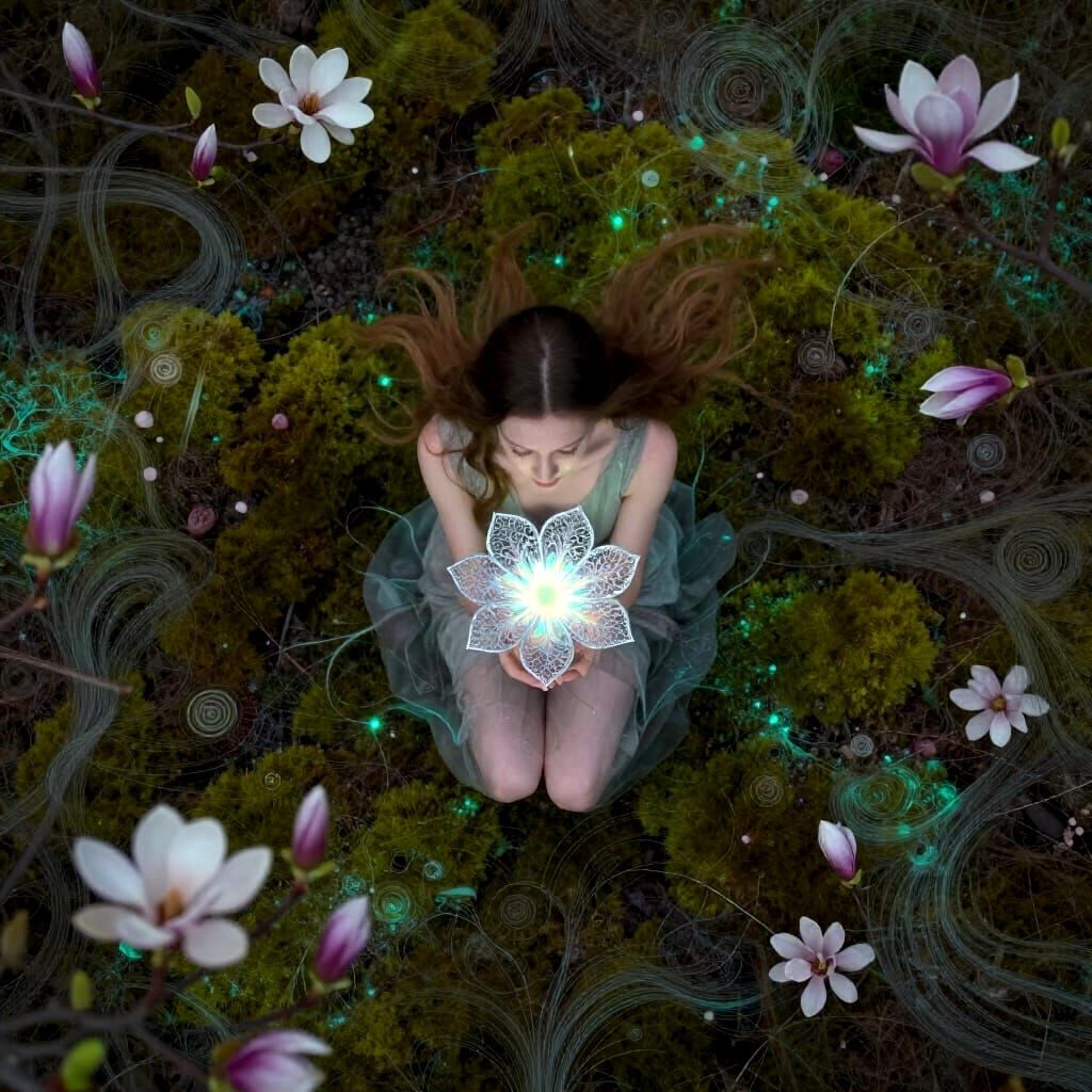 Aerial View of Woman Kneeling Amidst Glowing Moss and Flower...
