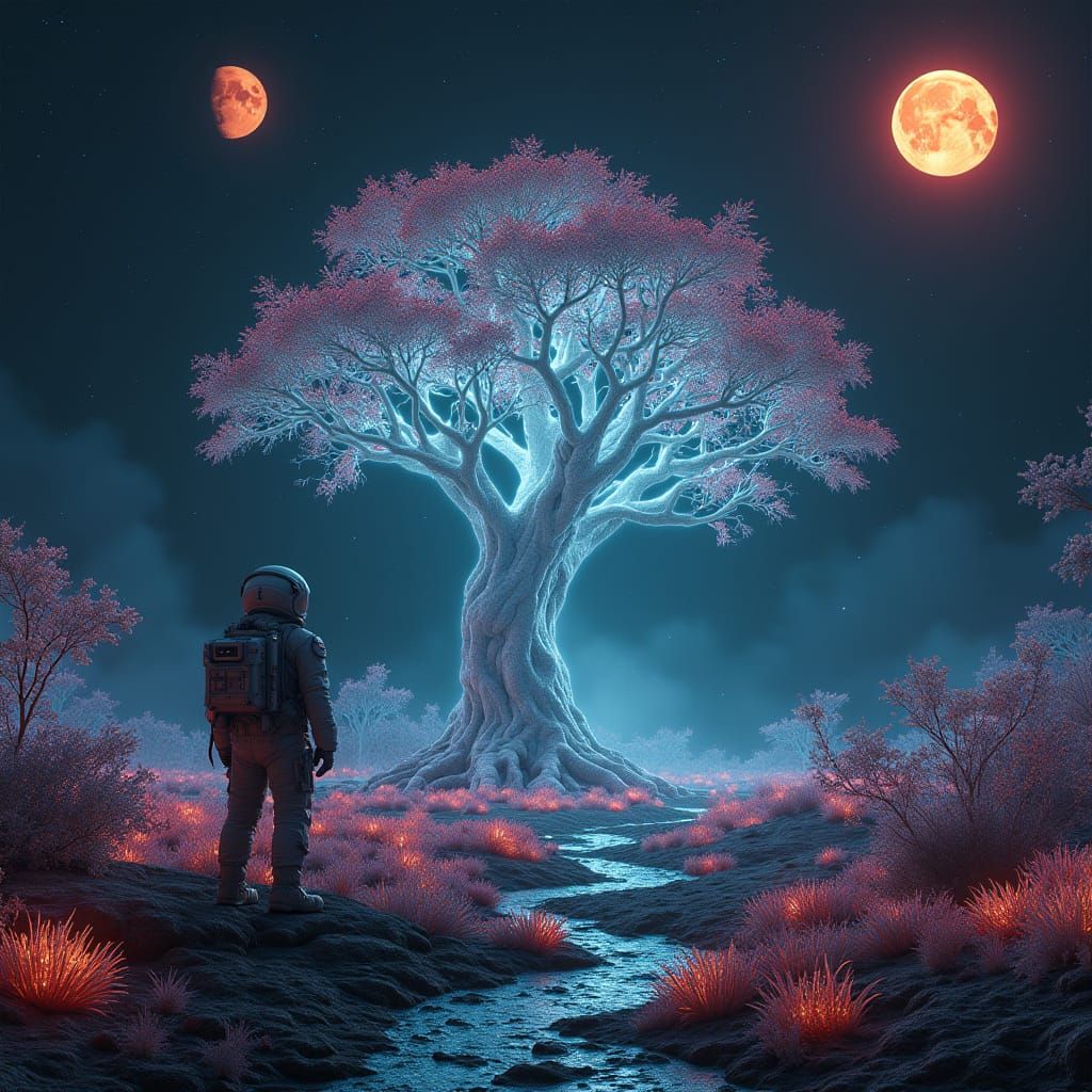 Astronaut Stands Before Cosmic Tree in Hyperrealistic Alien ...