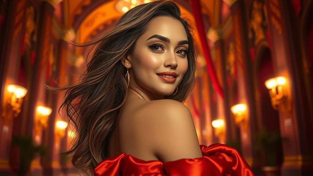 Elegant Woman Posing in Opulent Futuristic Setting