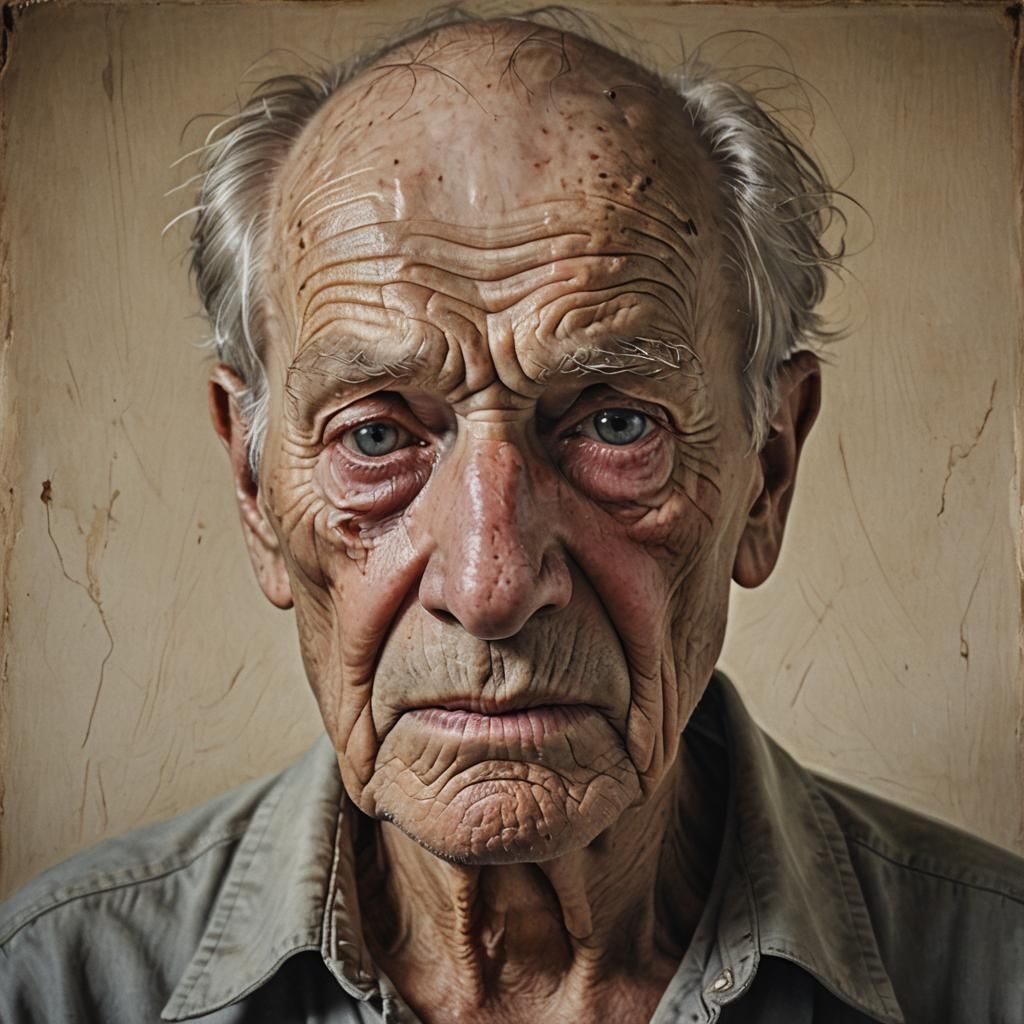 A expressive portraiture of an elderly man, his eyes welling...