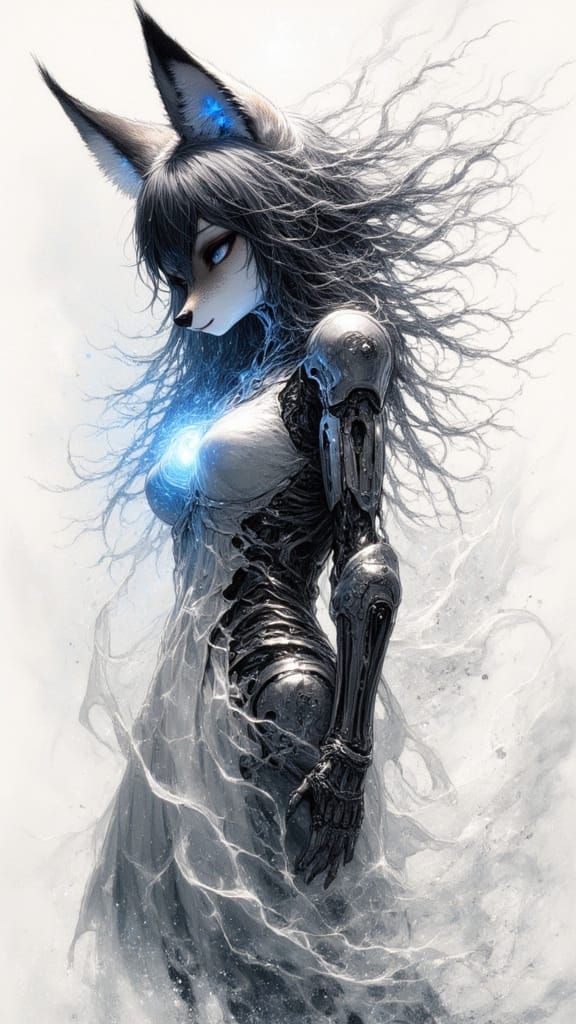 Cyborg Fox in Abstract Expressionist Watercolor Style