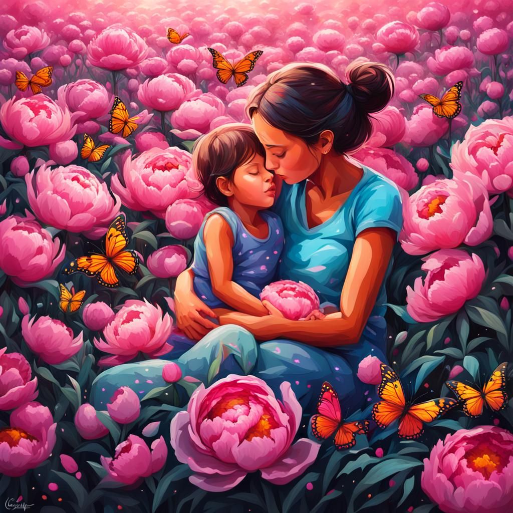 Mother and Child in Peony Field: Graffiti Art