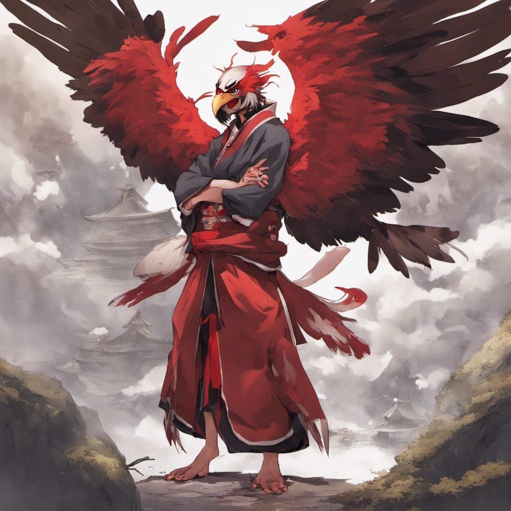 Red-Skinned Tengu in Anime Style