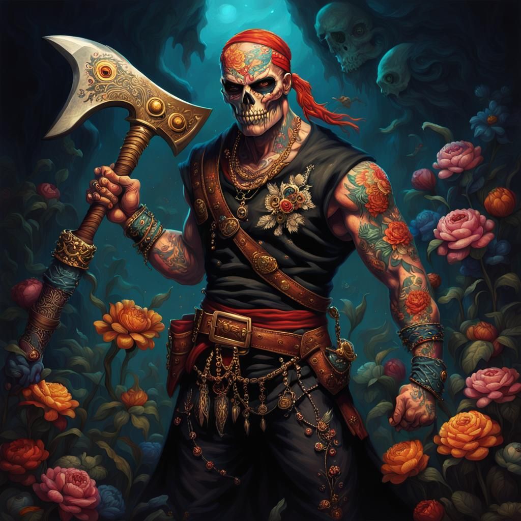 Fabric Pirate with Floral Tattoos in Cosmic Setting