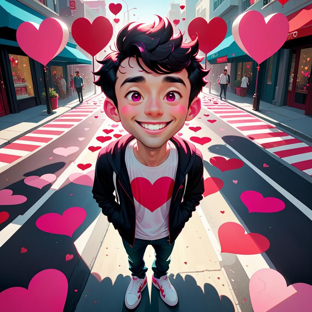 Happy Cartoon Man Surrounded by Hearts