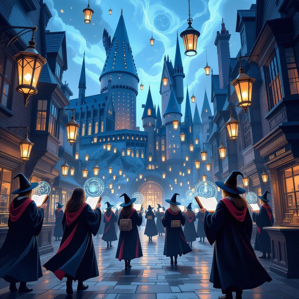 Futuristic Hogwarts Students in High-Tech Wizarding World