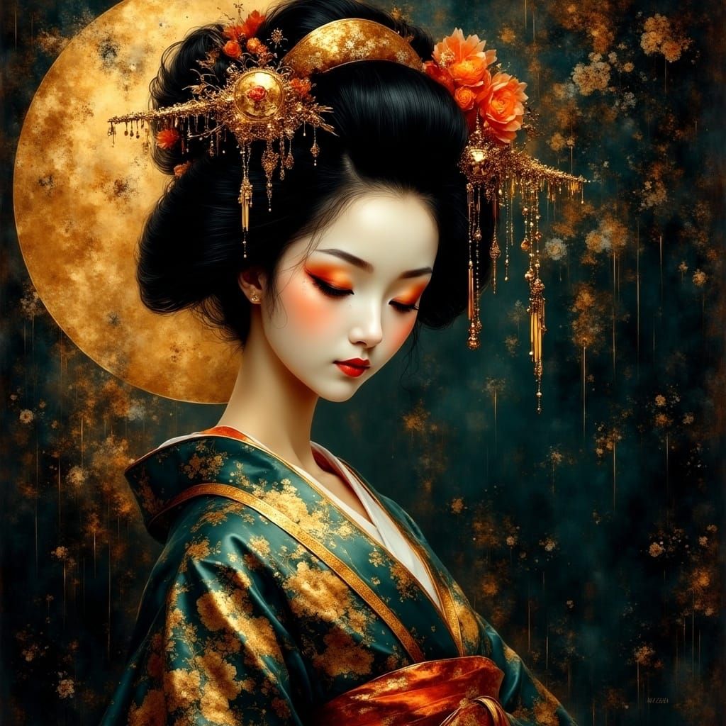 Serene Geisha in Ink-Washed Darkness, with Classical Coiffur...