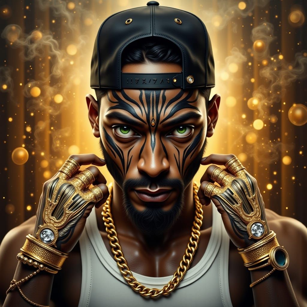 Maori Homeboy Portrait with Intricate Line Work and City Lig...