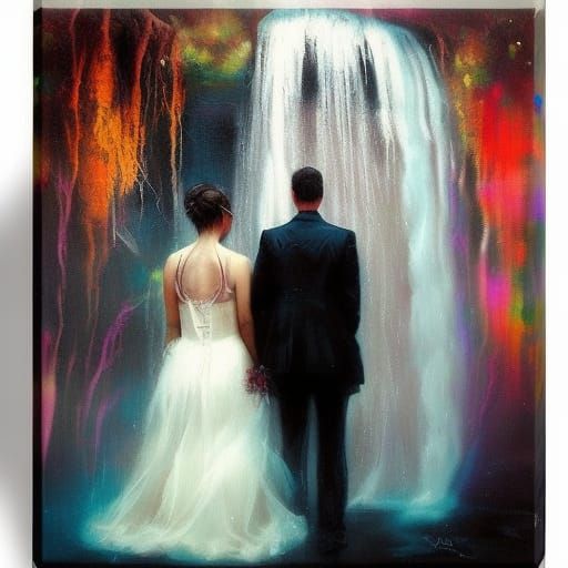 Bride and Groom at Waterfall in Melting Oil Surrealism