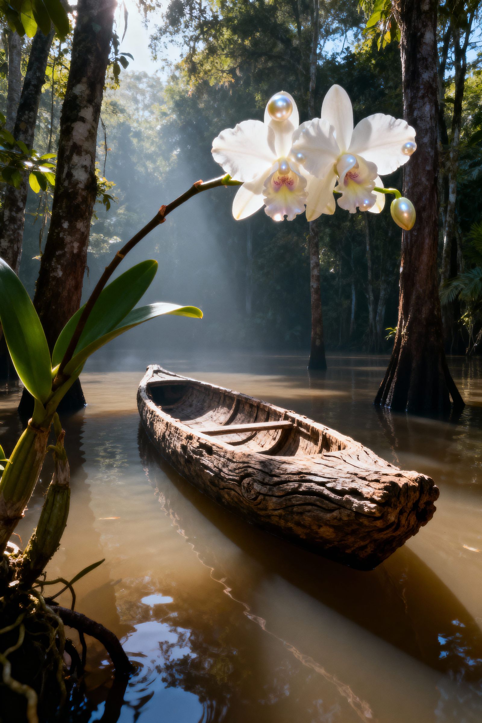 Rustic Canoe in Amazon Jungle With Orchid