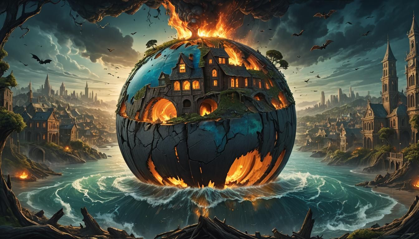 Split Earth Globe in Dark Fantasy Style