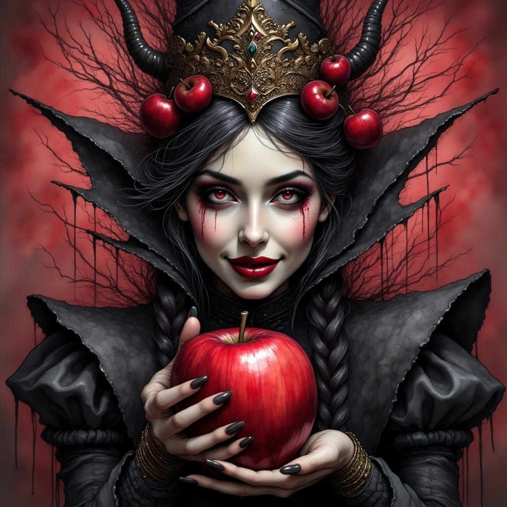 Surreal Fantasy Queen Holds Poison Apple with Sinister Grin