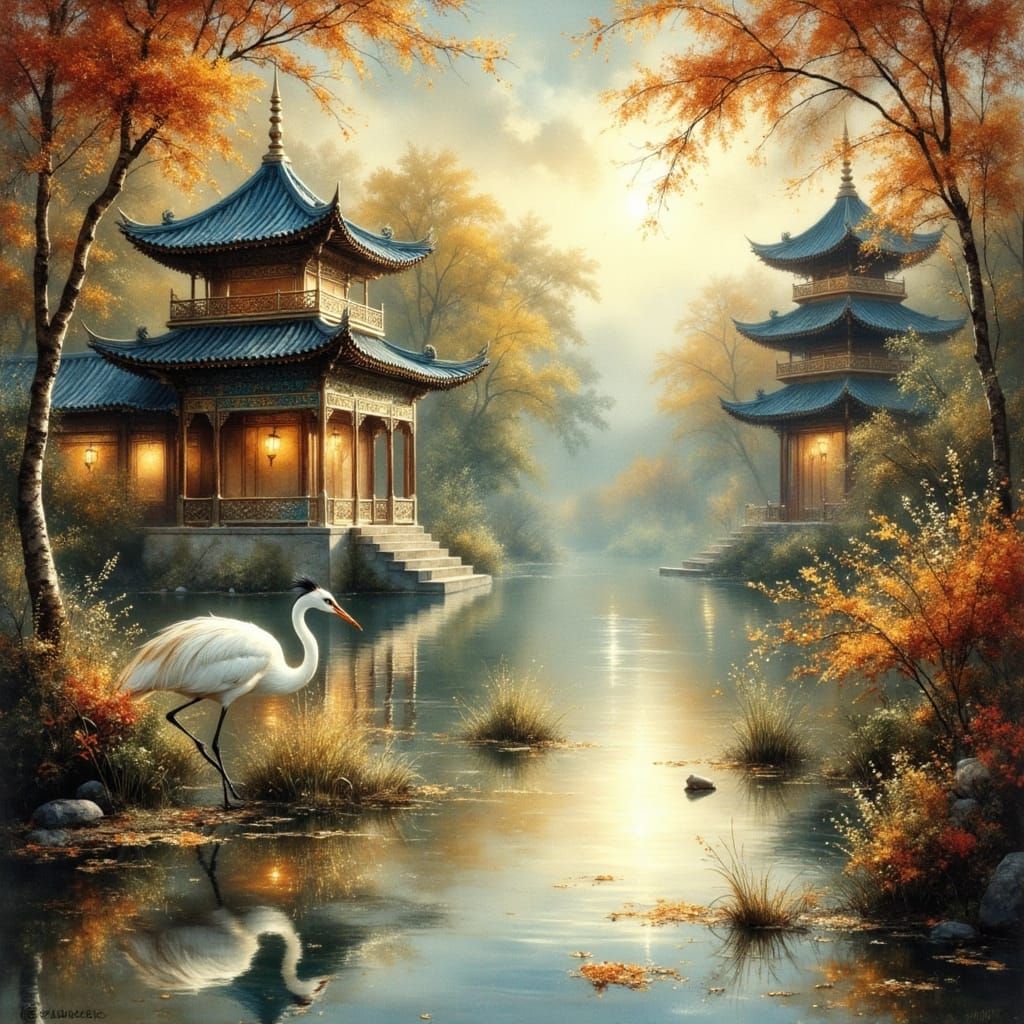 Crane in Temple Pond with Asian Lanterns
