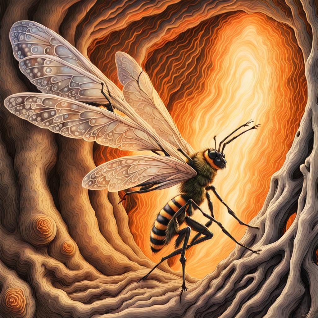 Fire Fairy on Wasp in Suminagashi Style