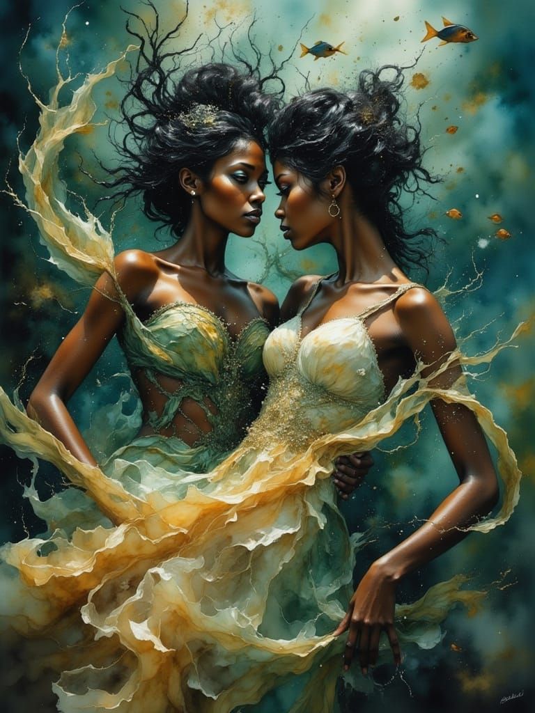 Two Black Women Swim in Ethereal Underwater Scene