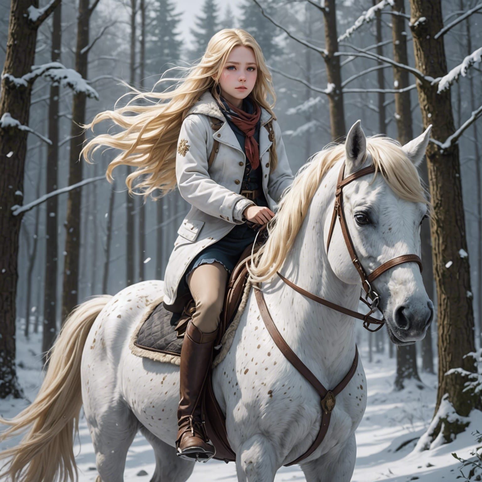 Anime Girl on Horseback in Snowy Woods
