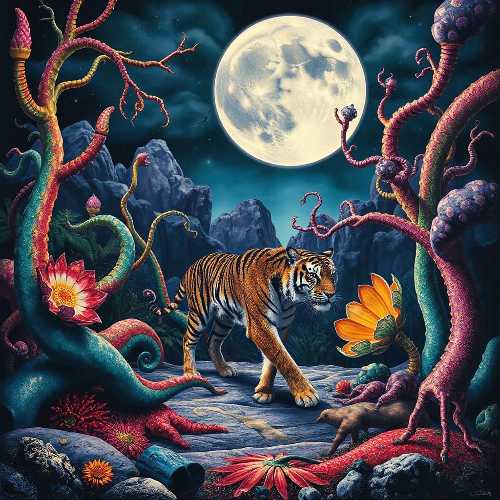 Cosmic Tiger Prowls Through Alien Jungle, Surrealist Style