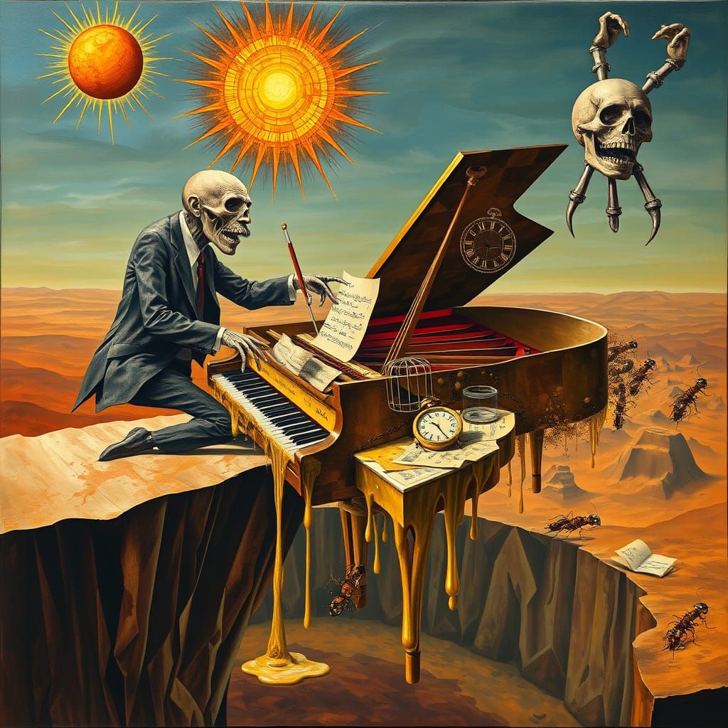 Cubist Surrealist Pianist Hurls Melting Piano into Void