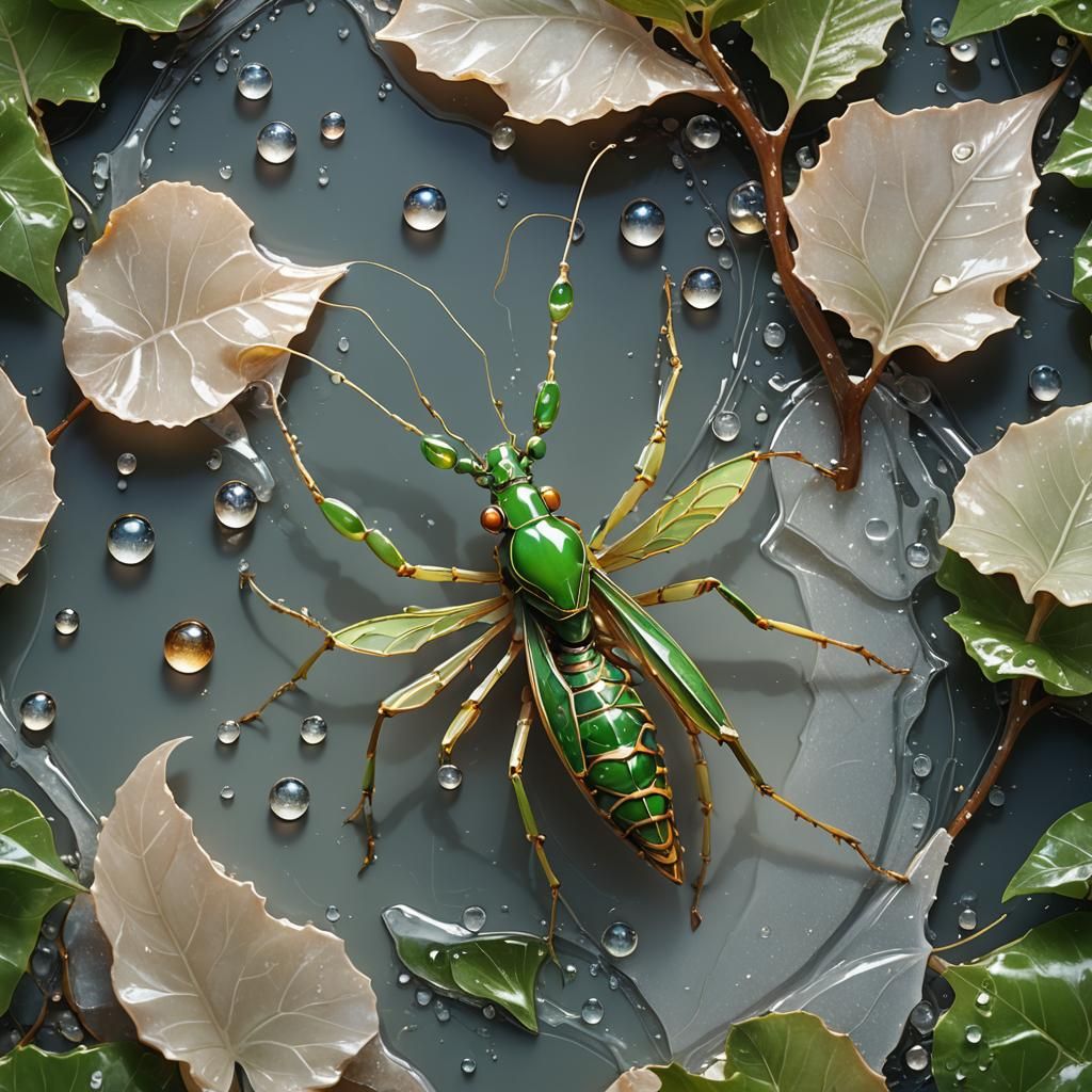 A tigereye clear marble (carved)
mantis on an agate focused leave with dew drops