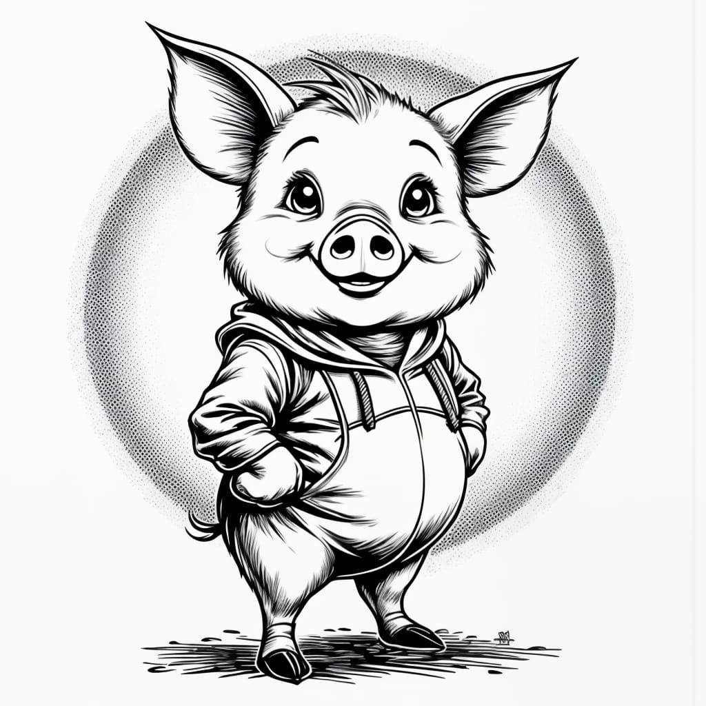 Piglet in Comic Style, Black and White Art