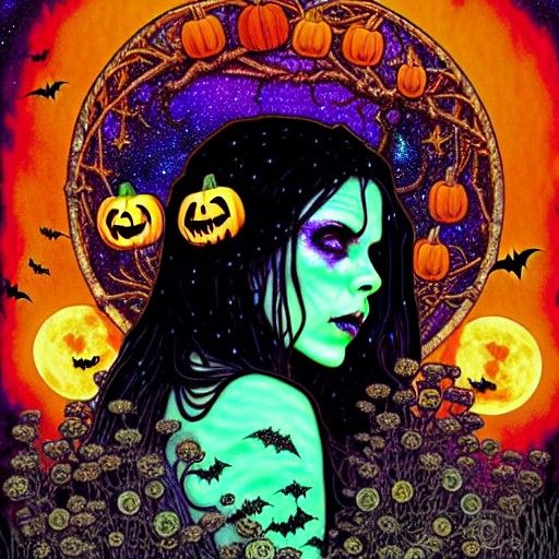 Halloween Goddess with Bats and Nebula Sky