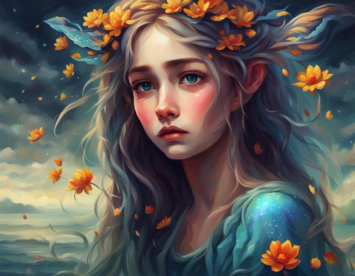 Sad Mythical Sprite Woman in Oil Painting