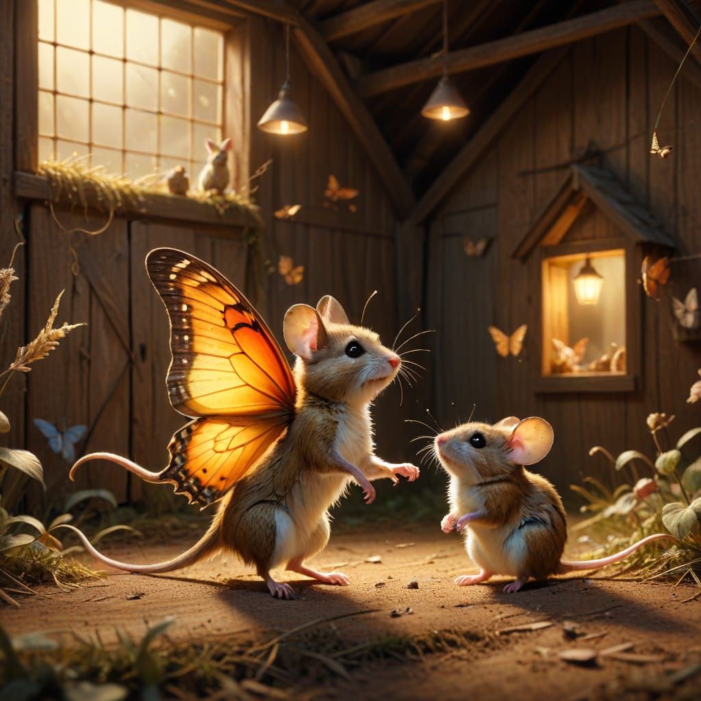 Butterfly and Mouse Chat in Whimsical Barn