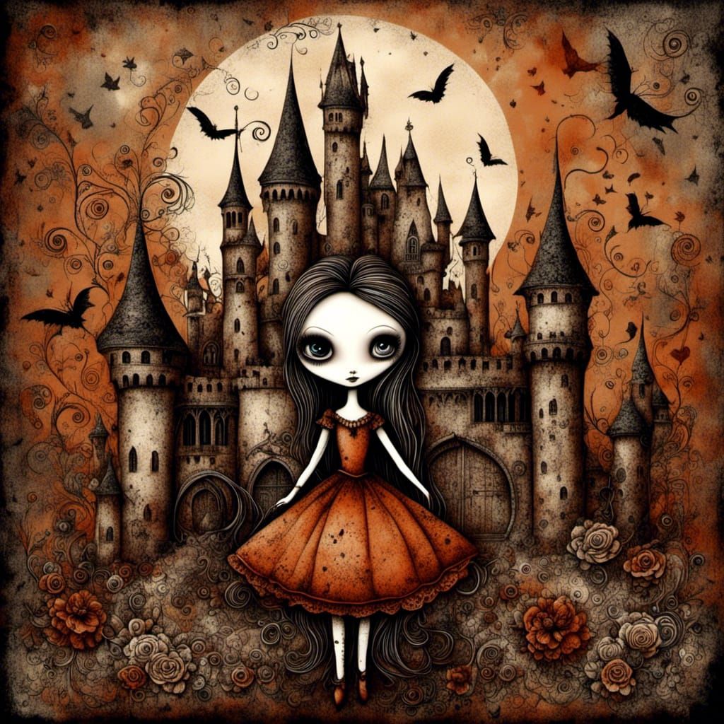 Ballerina Doll and Dracula at Castle in Grunge Style