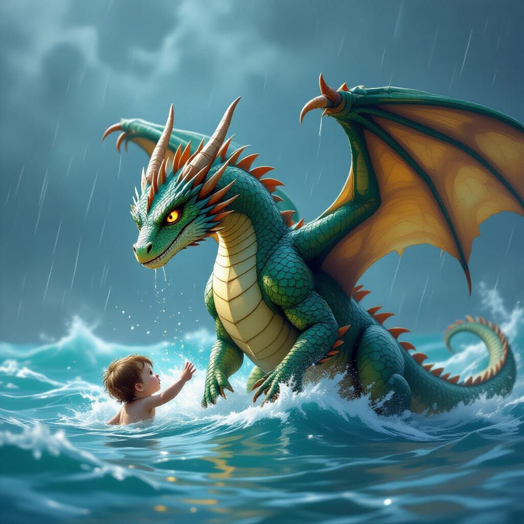 Dragon Rescues Child from Stormy Sea in Realistic Style