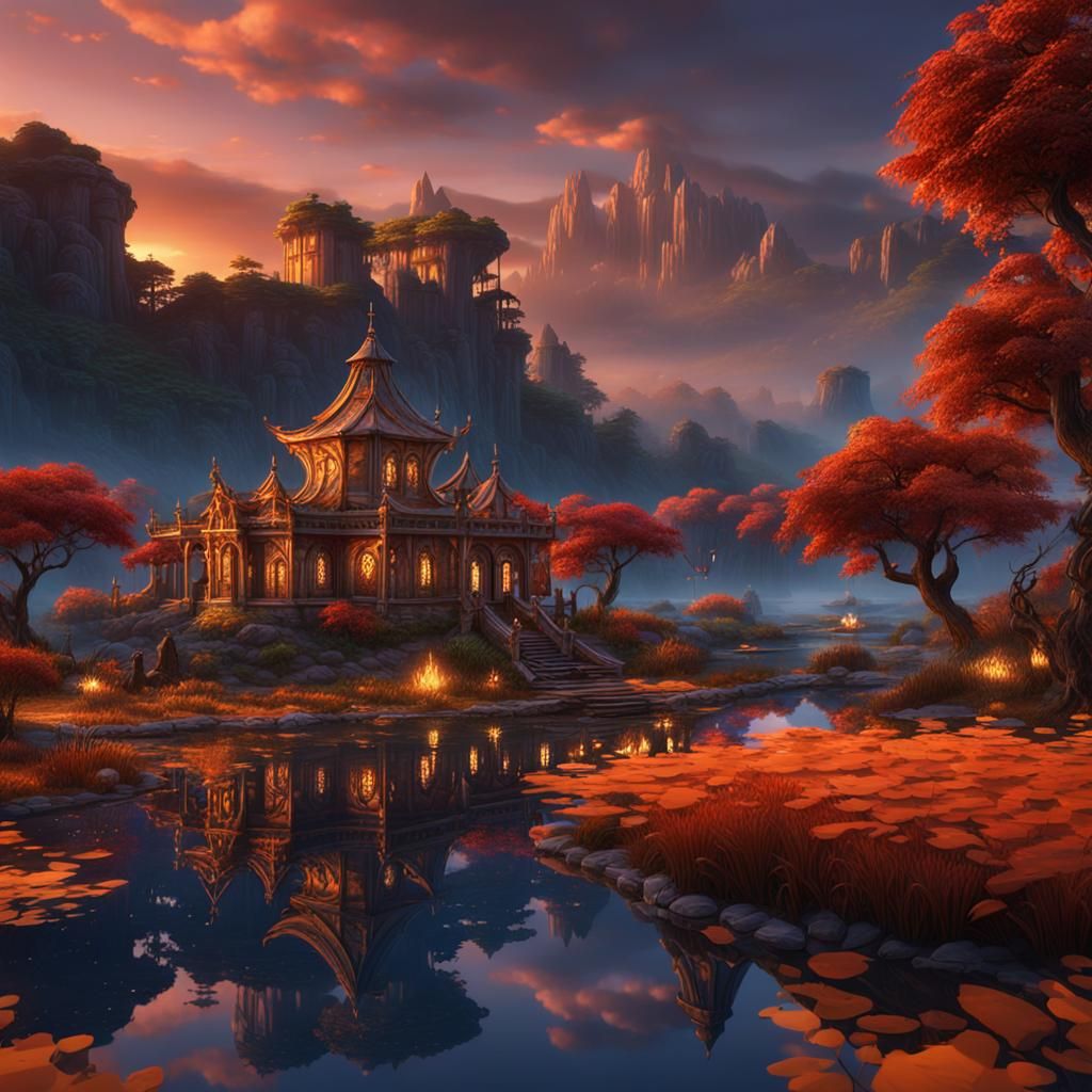 Autumn Lakeside Landscape at Dusk: Detailed Matte Painting