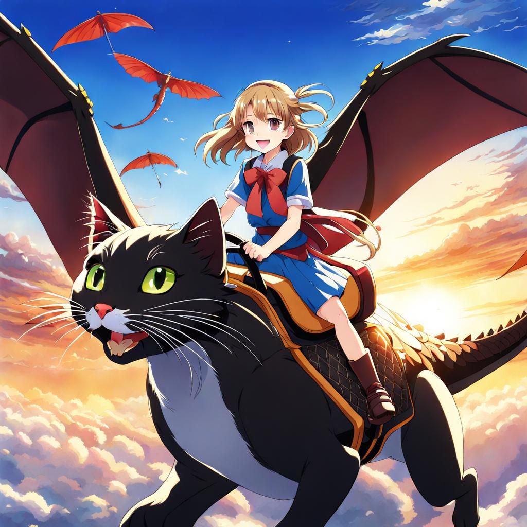 Anime Girl and Cat Ride Flying Dragon