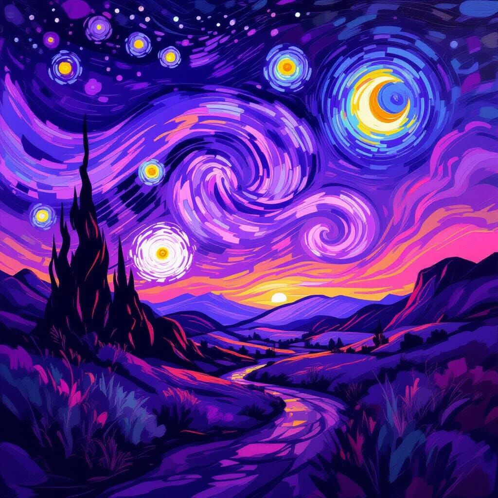 Alien Dusk Landscape in Expressive Van Gogh Style