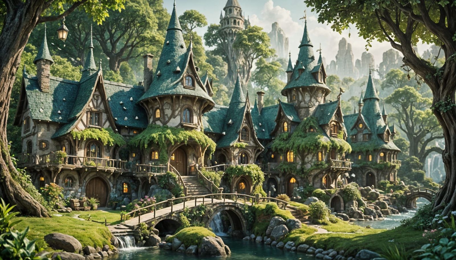 Enchanted Elven Villas Amidst Waterfall Wonder