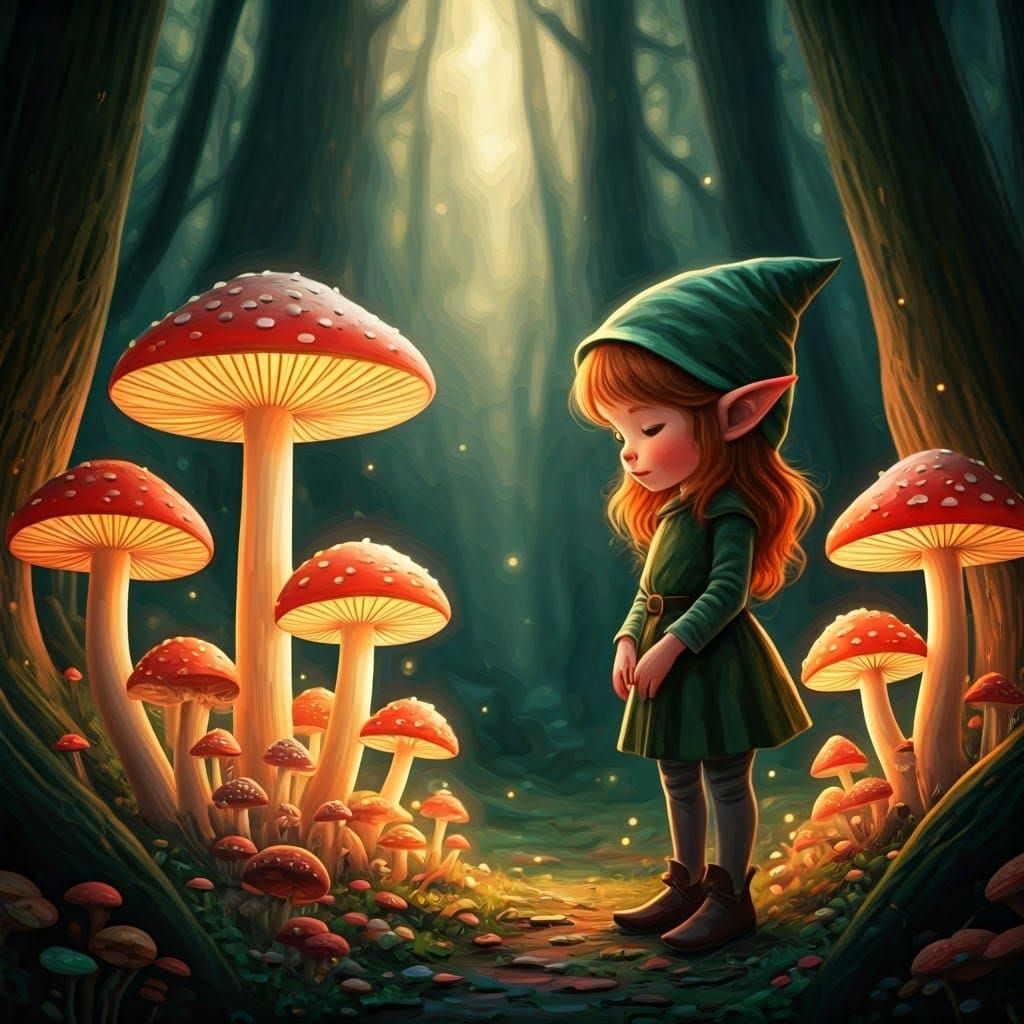 Enchanted Elf with Glowing Mushrooms: Impressionist Style