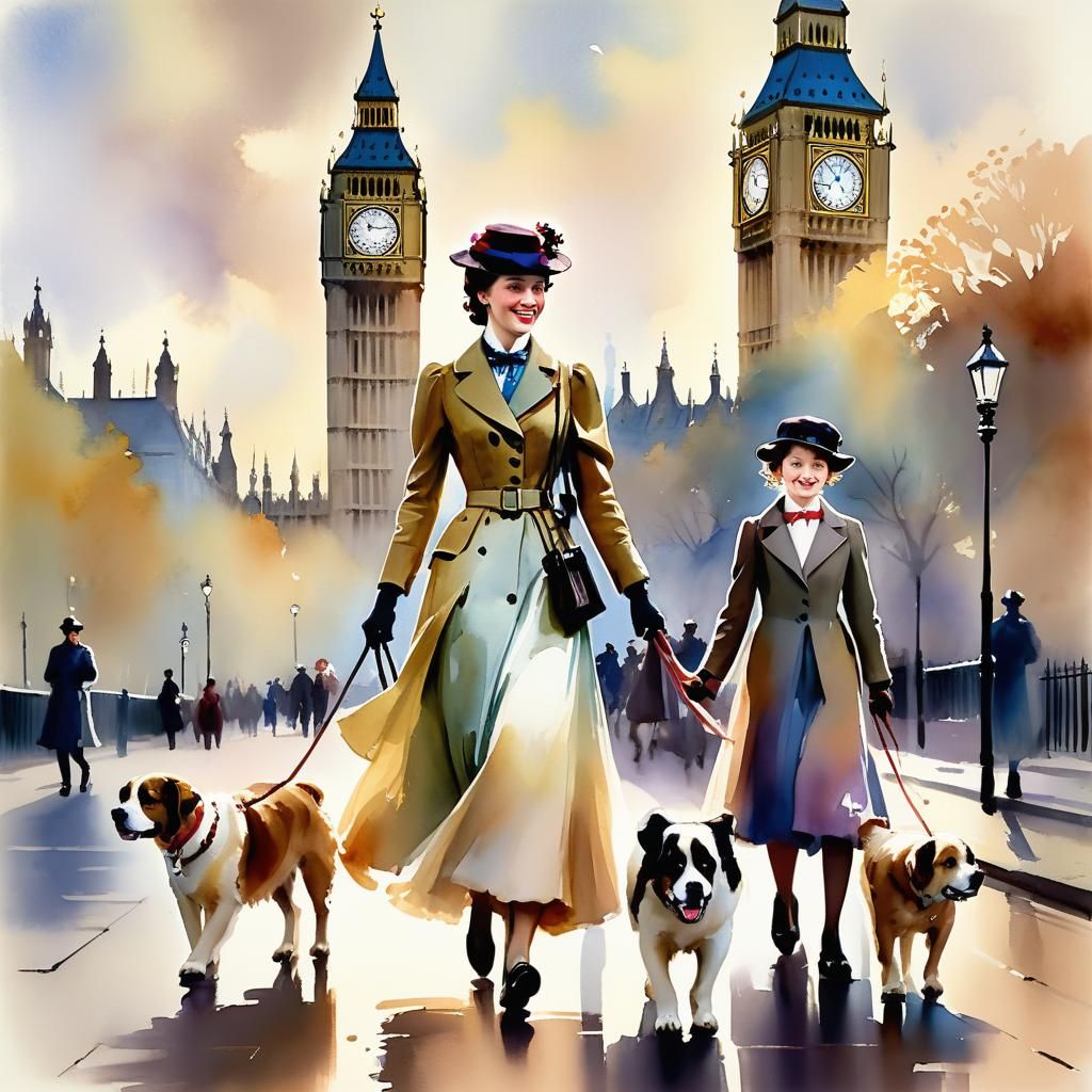 Mary Poppins Stroll in London: Watercolor Impressionism