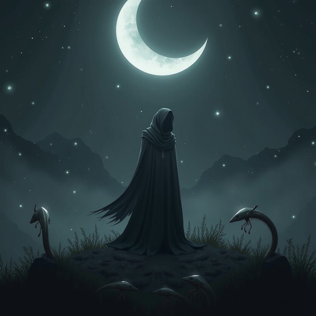 Eerie Shadow Figure Under Crescent Moon