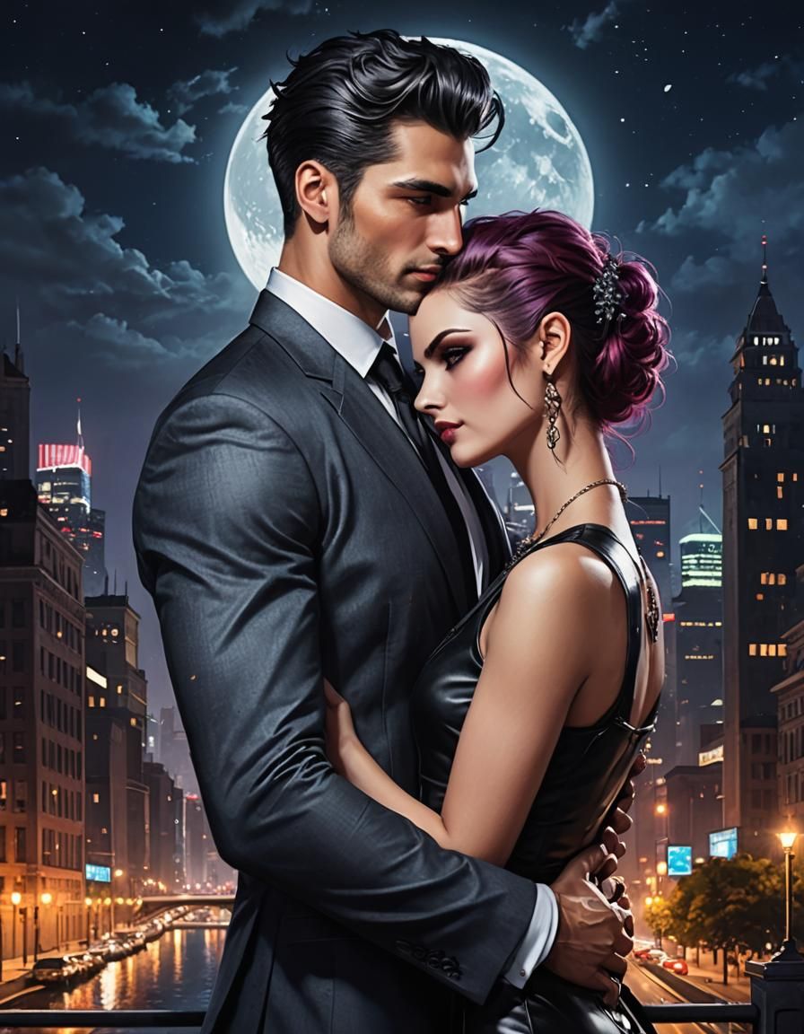 Romantic Embrace Under Moonlight in Fantasy Style