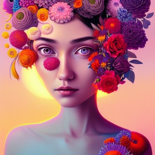Floral Woman at Sunrise: Digital Hyperrealism