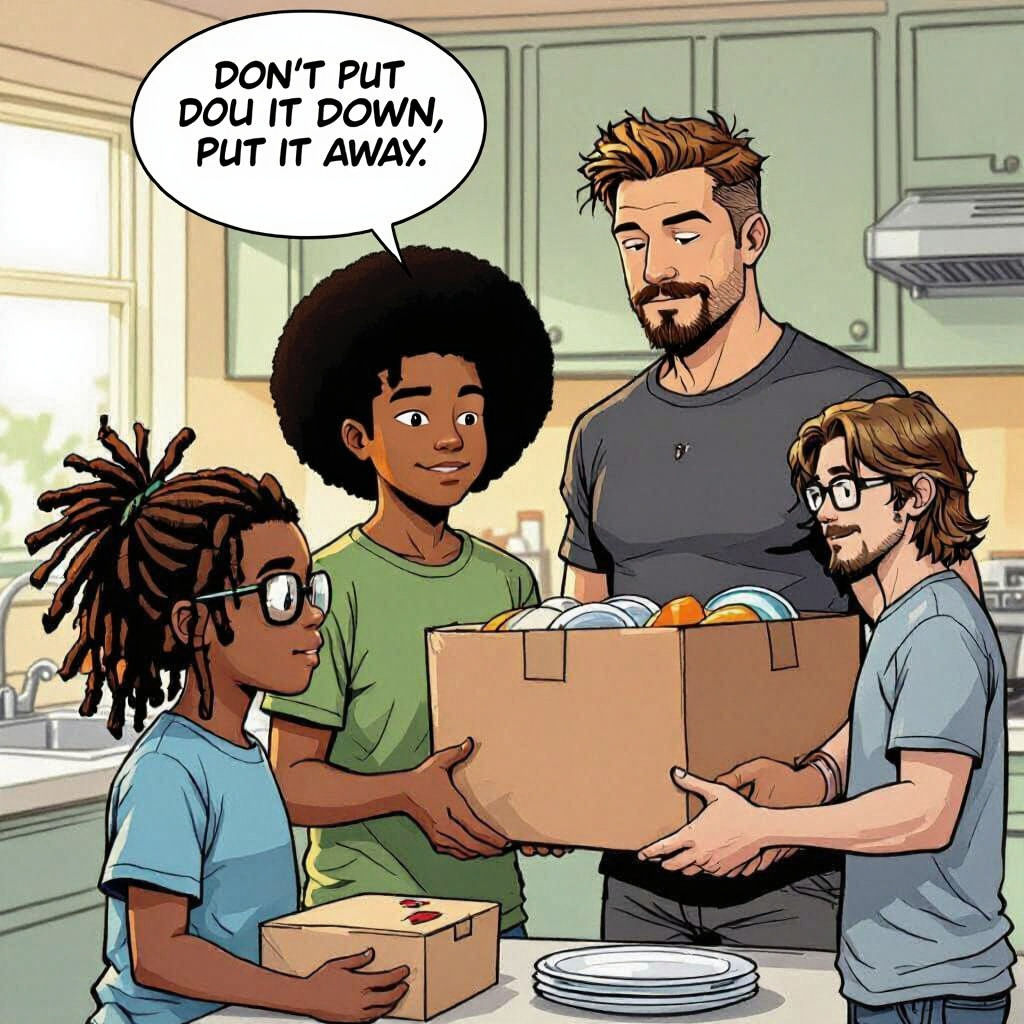 Men in Kitchen Scene as Graphic Novel